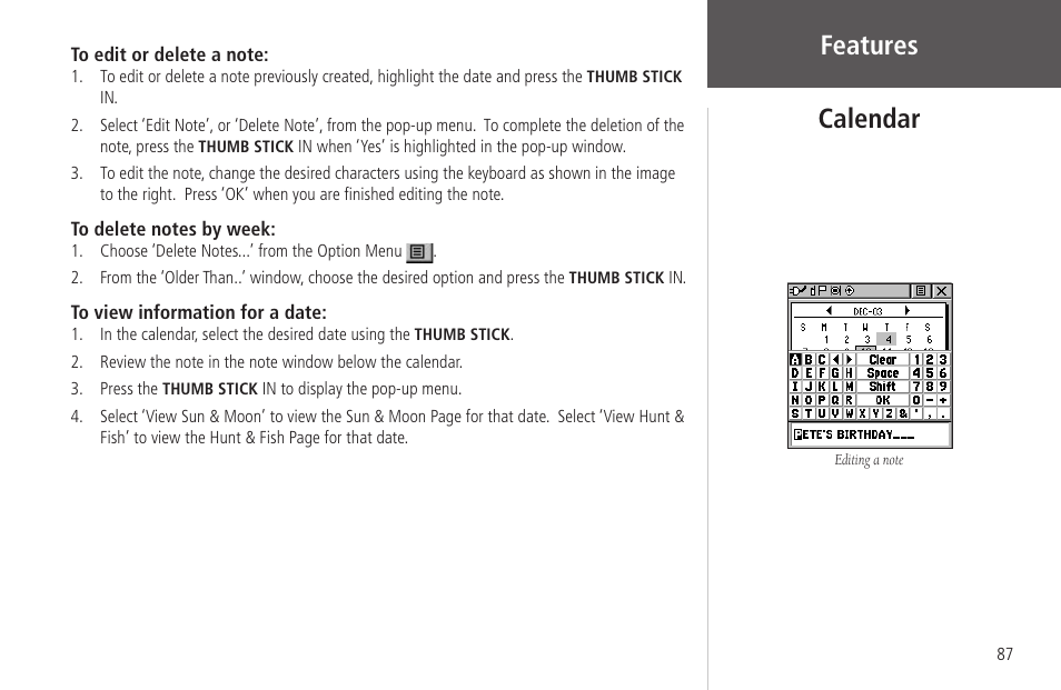 Features, Calendar | Garmin Rino 130 User Manual | Page 101 / 130