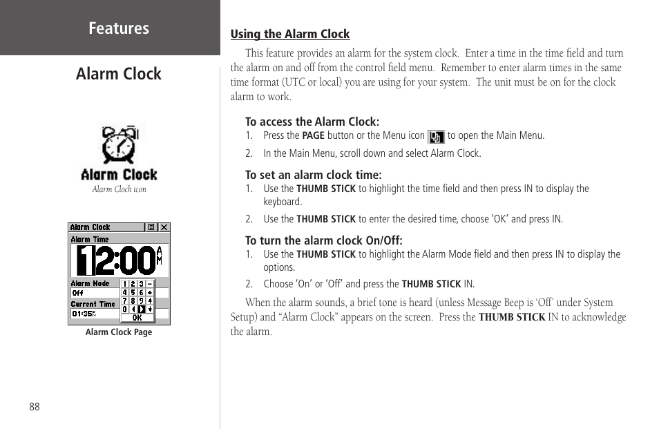 Alarm clock, Using the alarm clock, Features alarm clock | Garmin Rino 130 User Manual | Page 102 / 130