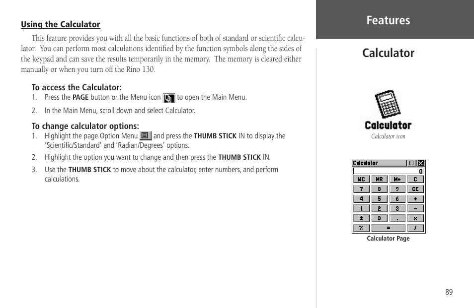 Calculator, Using the calculator, Features calculator | Garmin Rino 130 User Manual | Page 103 / 130