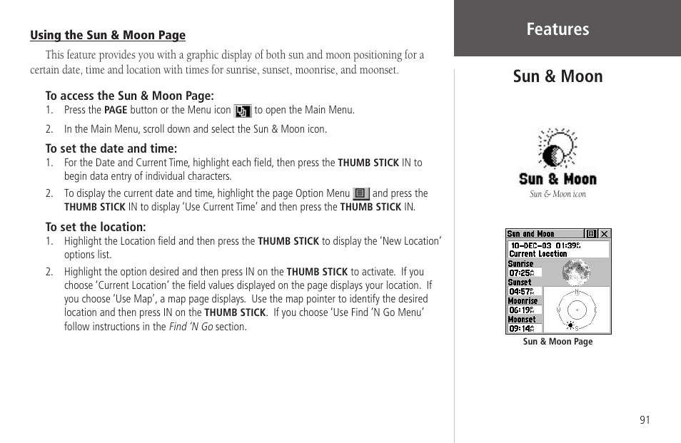 Sun & moon, Features sun & moon | Garmin Rino 130 User Manual | Page 105 / 130