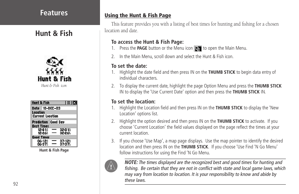 Hunt & fish, Features hunt & fish | Garmin Rino 130 User Manual | Page 106 / 130