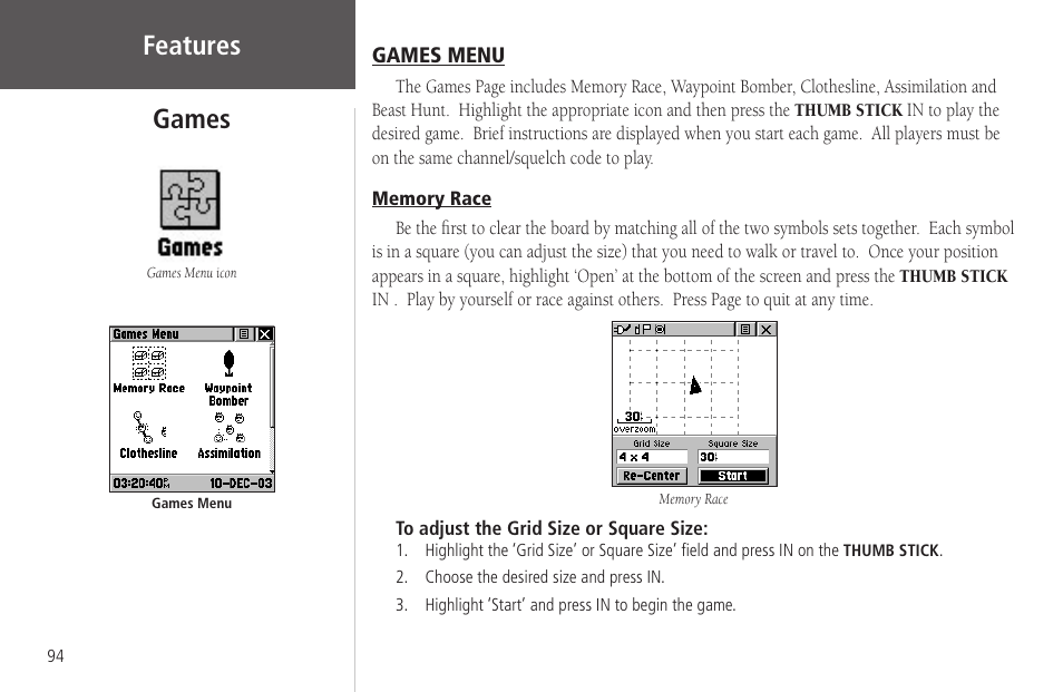 Games, Games menu, Memory race | Games games menu, Features games | Garmin Rino 130 User Manual | Page 108 / 130