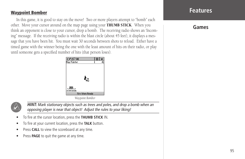 Waypoint bomber, Features, Games | Garmin Rino 130 User Manual | Page 109 / 130