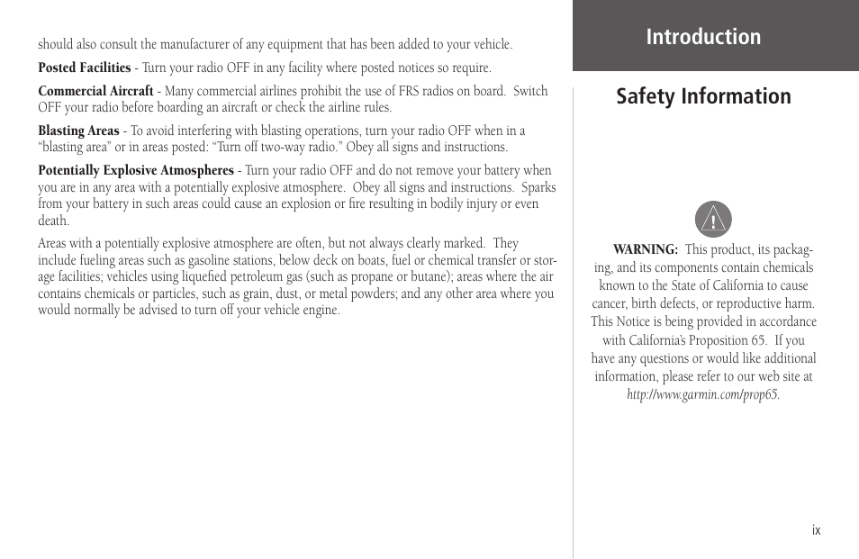 Introduction, Safety information | Garmin Rino 130 User Manual | Page 11 / 130