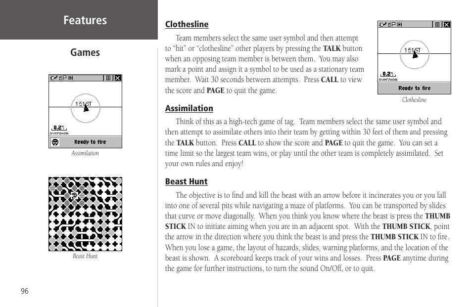 Clothesline, Assimilation, Beast hunt | Clothesline assimilation beast hunt, Features | Garmin Rino 130 User Manual | Page 110 / 130