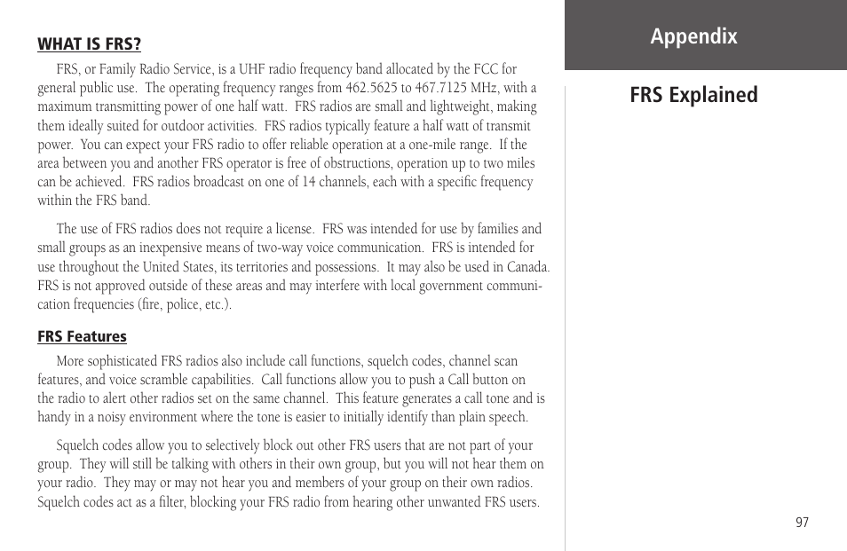 Appendix, Frs explained appendix | Garmin Rino 130 User Manual | Page 111 / 130