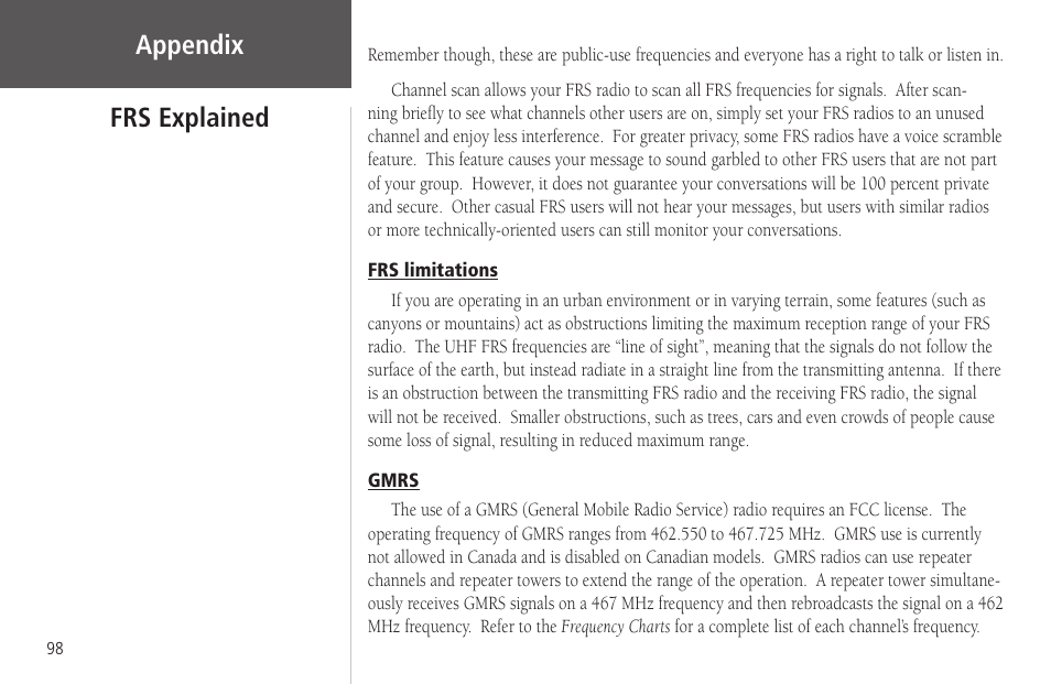 Frs limitations, Gmrs, Frs limitations gmrs | Appendix, Frs explained | Garmin Rino 130 User Manual | Page 112 / 130