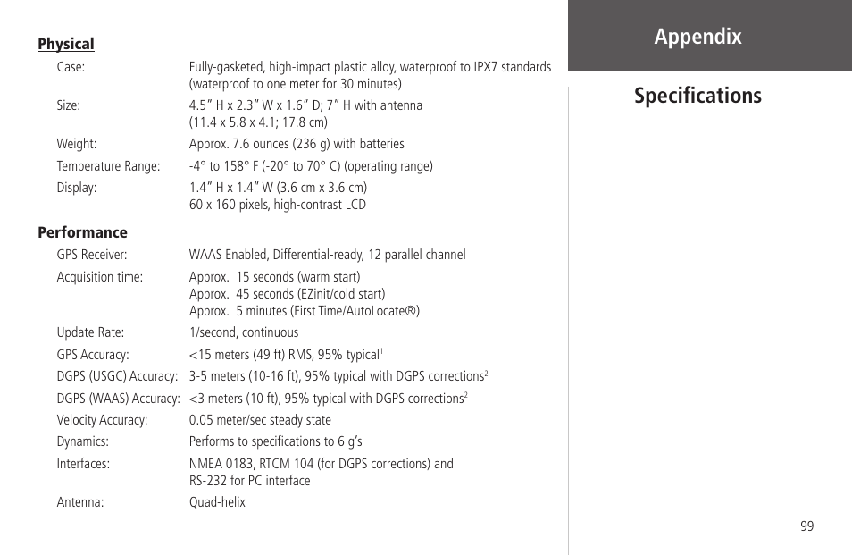Specifications, Speciﬁcations, Appendix | Garmin Rino 130 User Manual | Page 113 / 130