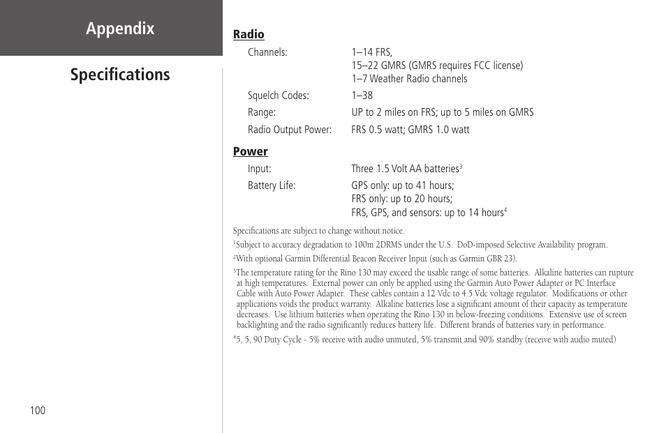 Appendix, Speciﬁcations | Garmin Rino 130 User Manual | Page 114 / 130