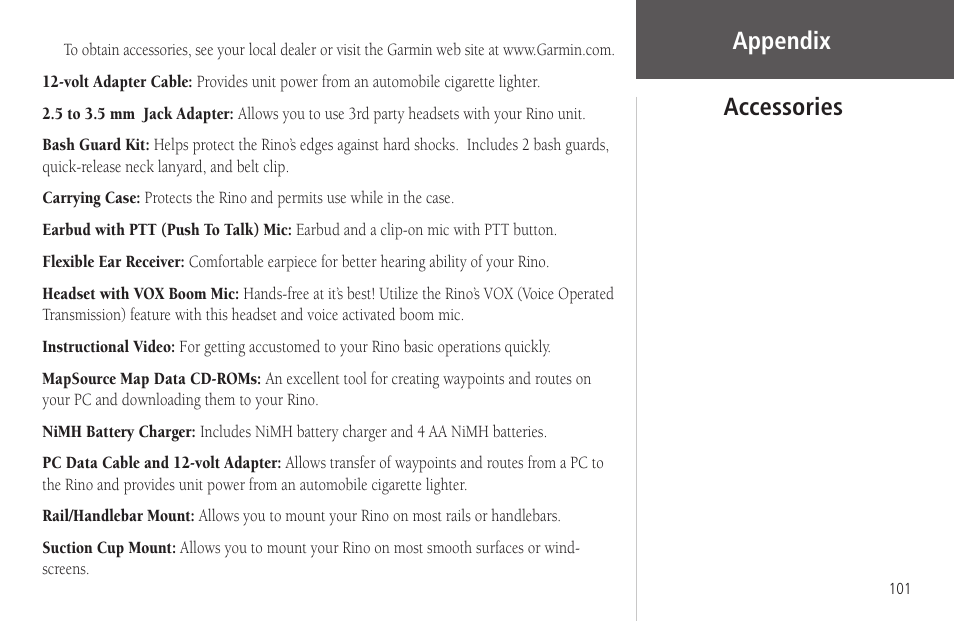 Accessories, Appendix | Garmin Rino 130 User Manual | Page 115 / 130