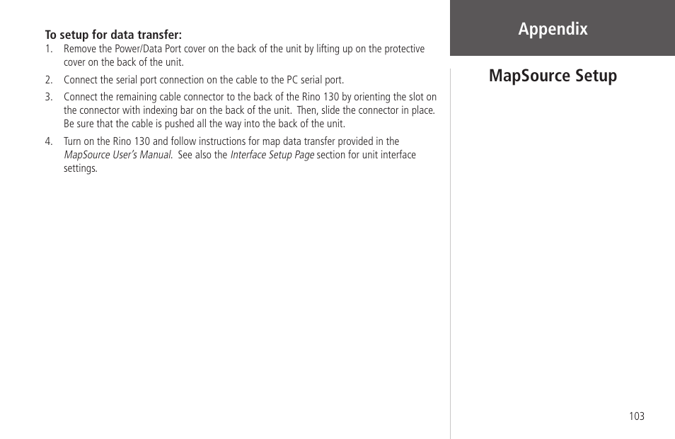 Appendix, Mapsource setup | Garmin Rino 130 User Manual | Page 117 / 130