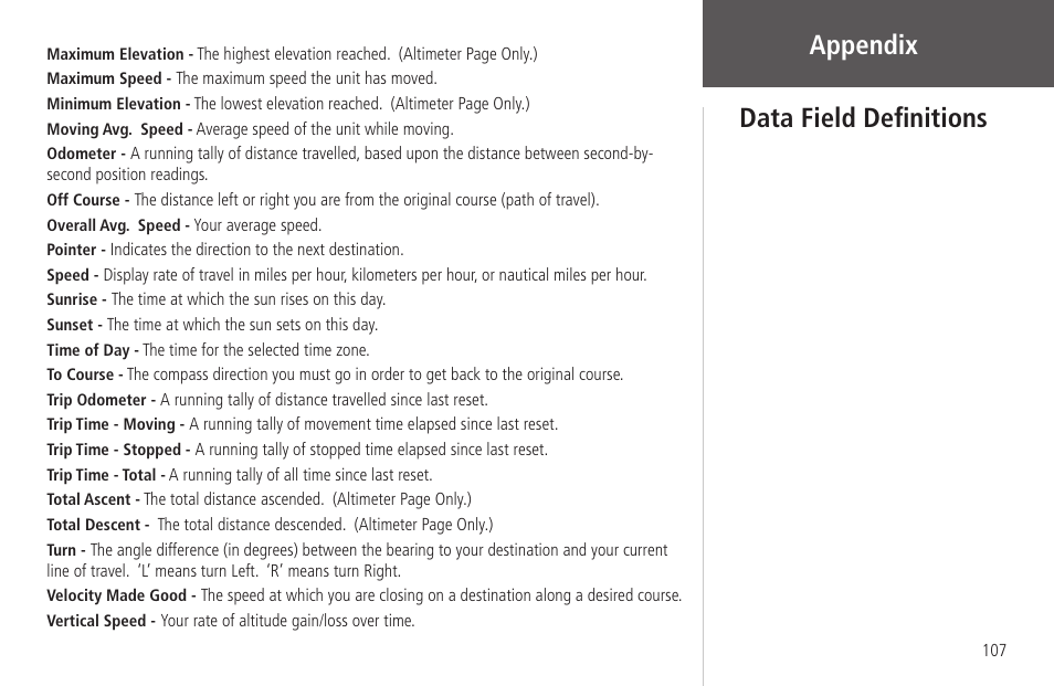 Appendix, Data field deﬁnitions | Garmin Rino 130 User Manual | Page 121 / 130