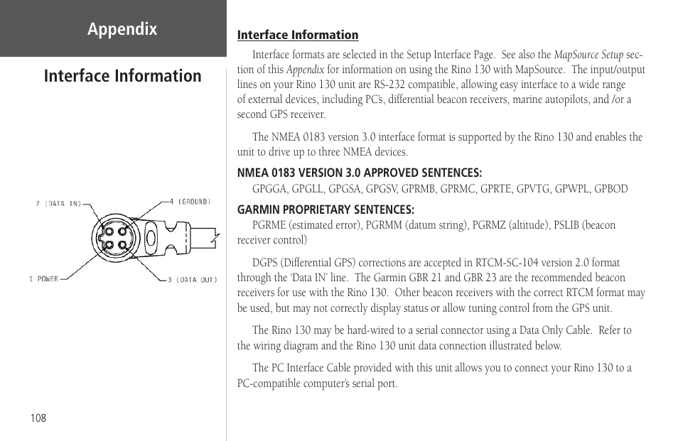 Interface information, Appendix interface information | Garmin Rino 130 User Manual | Page 122 / 130