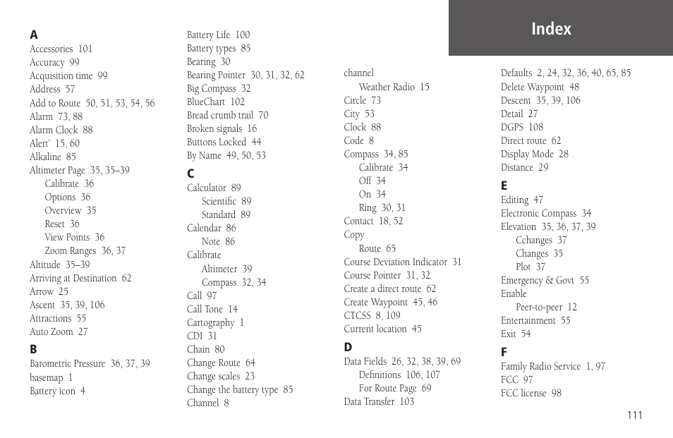 Index | Garmin Rino 130 User Manual | Page 125 / 130