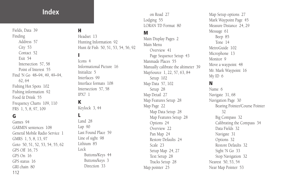 Index | Garmin Rino 130 User Manual | Page 126 / 130