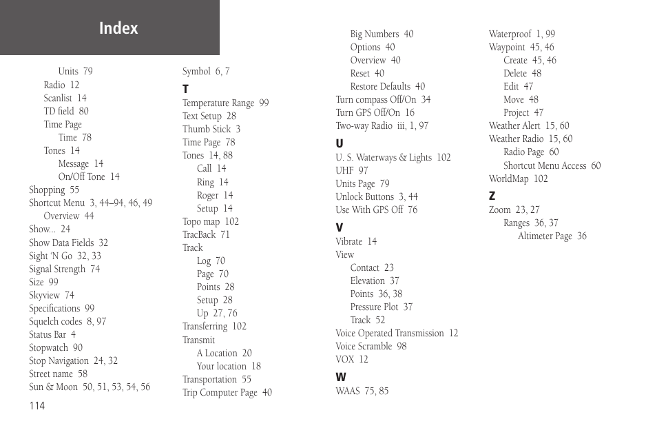 Index | Garmin Rino 130 User Manual | Page 128 / 130