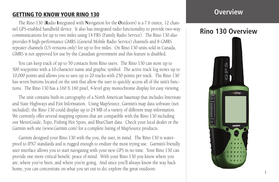 Overview, Rino 130 overview, Getting to know your rino 130 | Rino 130 overview getting to know your rino 130, Rino 130 overview overview | Garmin Rino 130 User Manual | Page 15 / 130