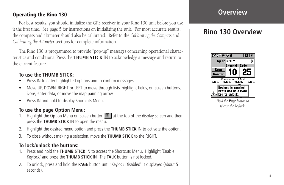 Operating the rino 130, Overview, Rino 130 overview | Garmin Rino 130 User Manual | Page 17 / 130