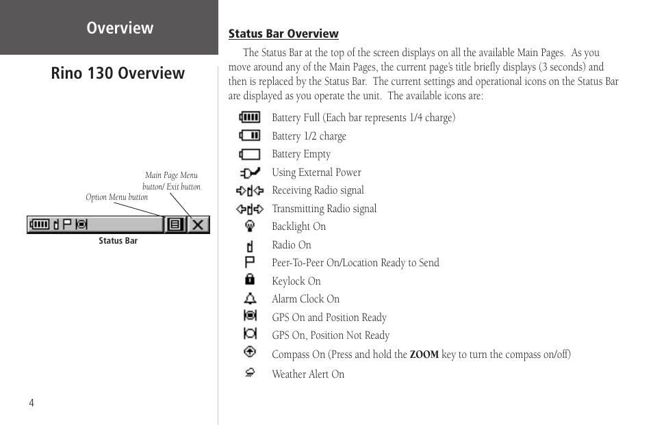 Status bar overview, Overview, Rino 130 overview | Garmin Rino 130 User Manual | Page 18 / 130