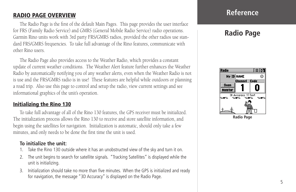 Reference, Initializing the rino 130, Radio page | Garmin Rino 130 User Manual | Page 19 / 130