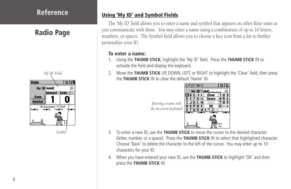 Using ‘my id’ and symbol fields, Reference, Radio page | Garmin Rino 130 User Manual | Page 20 / 130