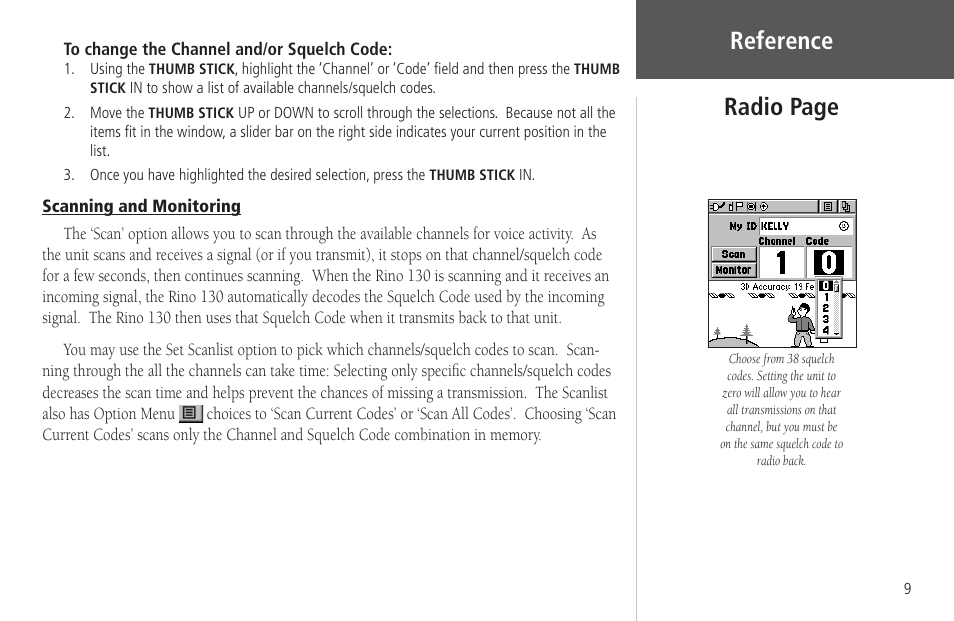 Scanning and monitoring, Reference, Radio page | Garmin Rino 130 User Manual | Page 23 / 130