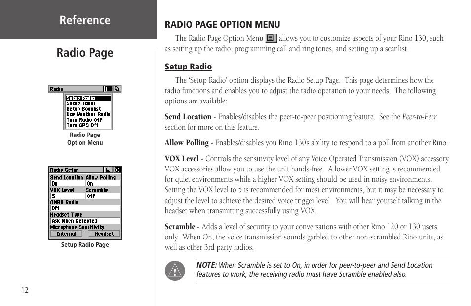 Setup radio, Reference, Radio page | Garmin Rino 130 User Manual | Page 26 / 130