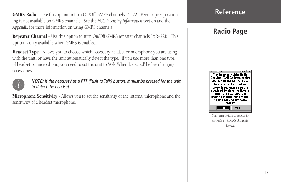 Reference, Radio page | Garmin Rino 130 User Manual | Page 27 / 130