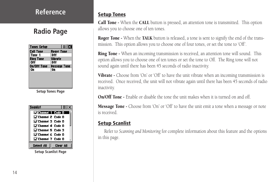 Setup tones, Setup scanlist, Reference radio page | Garmin Rino 130 User Manual | Page 28 / 130