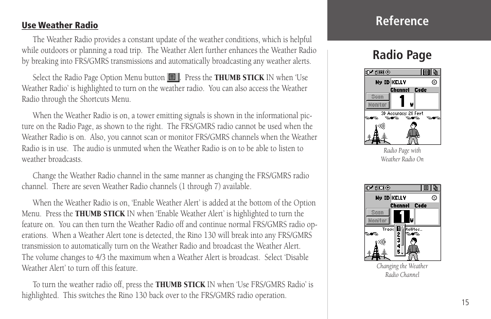 Use weather radio, Reference radio page | Garmin Rino 130 User Manual | Page 29 / 130