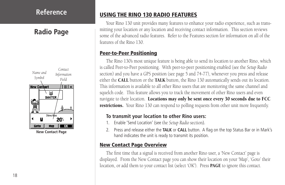 Using the rino 130 radio features, Peer-to-peer positioning, Reference | Radio page | Garmin Rino 130 User Manual | Page 32 / 130