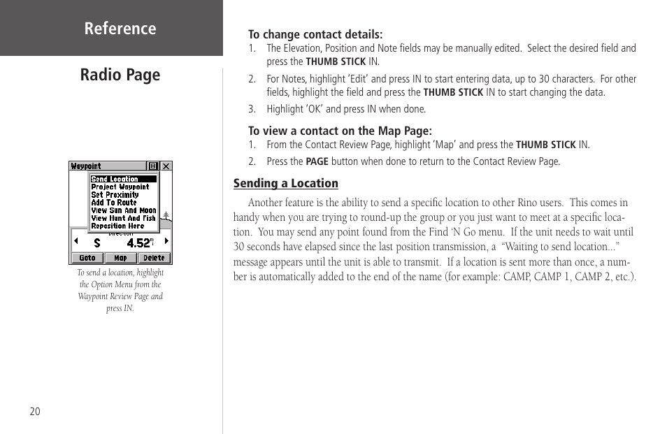 Sending a location, Reference radio page | Garmin Rino 130 User Manual | Page 34 / 130