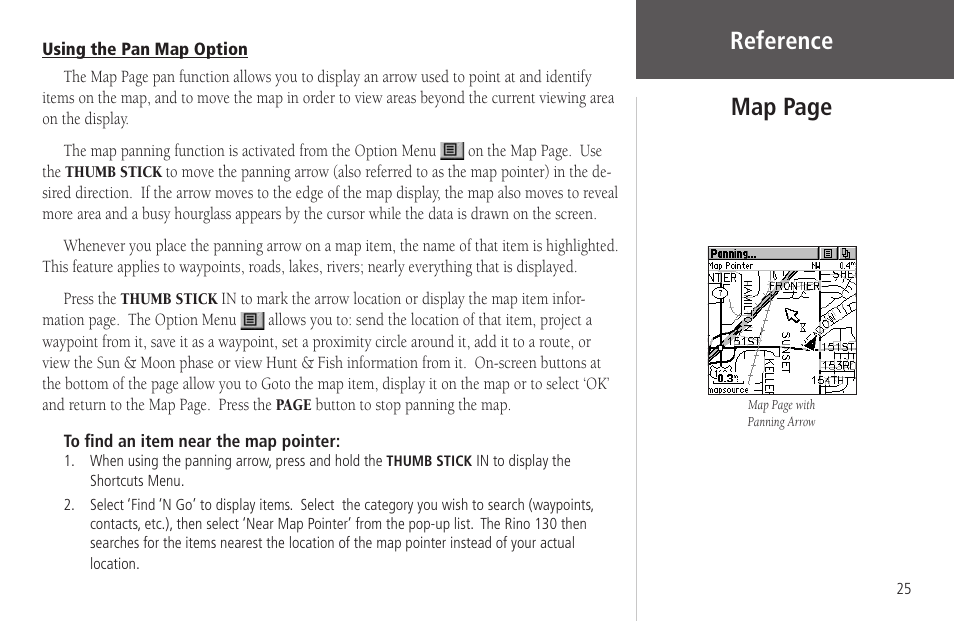 Using the pan map option, Reference, Map page | Garmin Rino 130 User Manual | Page 39 / 130