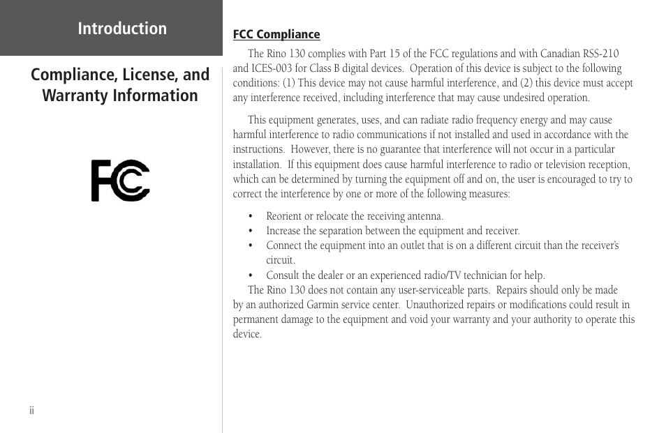 Compliance, license, andwarranty information, Fcc compliance, Introduction | Compliance, license, and warranty information | Garmin Rino 130 User Manual | Page 4 / 130