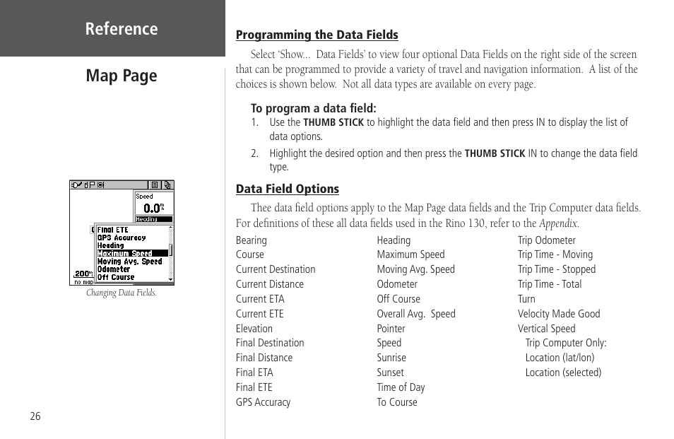 Programming the data fields, Data field options, Programming the data fields data field options | Reference map page | Garmin Rino 130 User Manual | Page 40 / 130