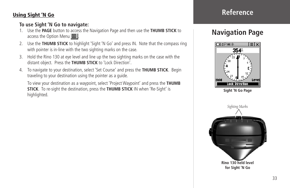 Using sight ‘n go, Reference, Navigation page | Garmin Rino 130 User Manual | Page 47 / 130