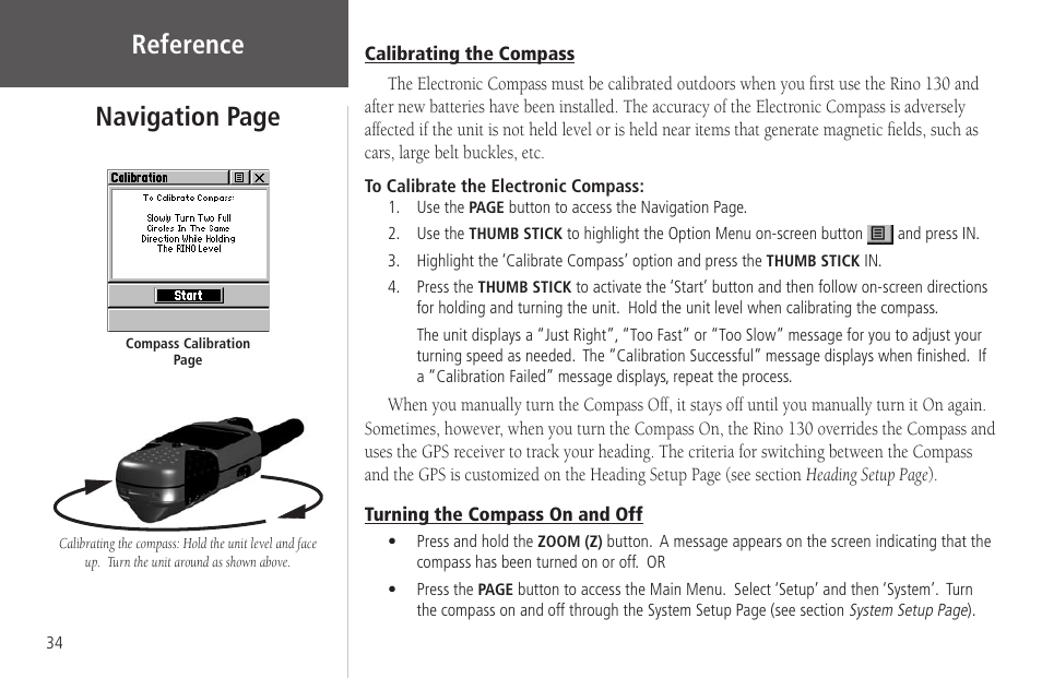 Calibrating the compass, Turning the compass on and off, Reference | Navigation page | Garmin Rino 130 User Manual | Page 48 / 130