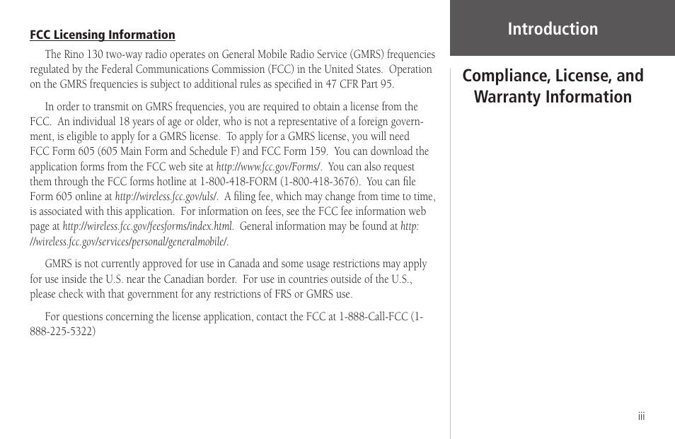 Fcc licensing information, Introduction, Compliance, license, and warranty information | Garmin Rino 130 User Manual | Page 5 / 130