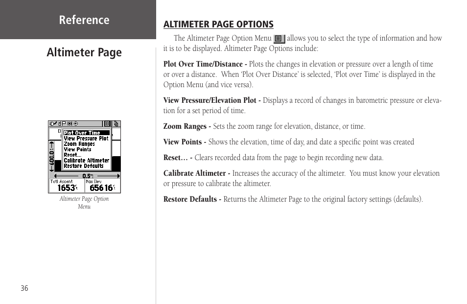 Reference, Altimeter page | Garmin Rino 130 User Manual | Page 50 / 130