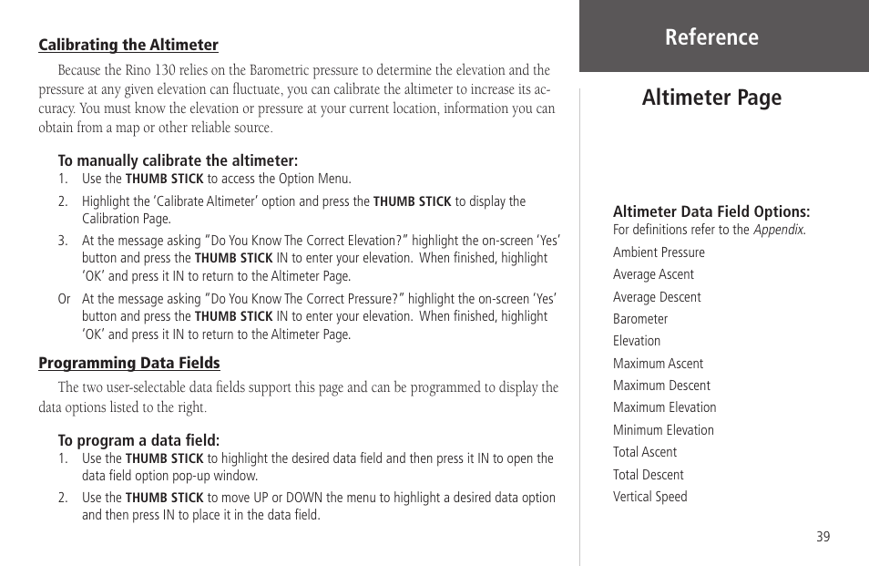 Calibrating the altimeter, Programming data fields, Calibrating the altimeter programming data fields | Reference altimeter page | Garmin Rino 130 User Manual | Page 53 / 130