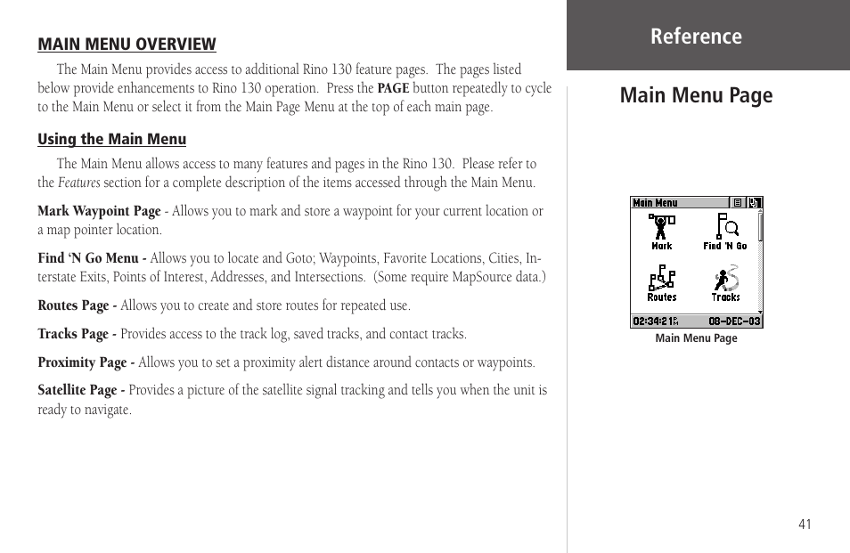 Main menu overview, Using the main menu, Reference main menu page | Garmin Rino 130 User Manual | Page 55 / 130