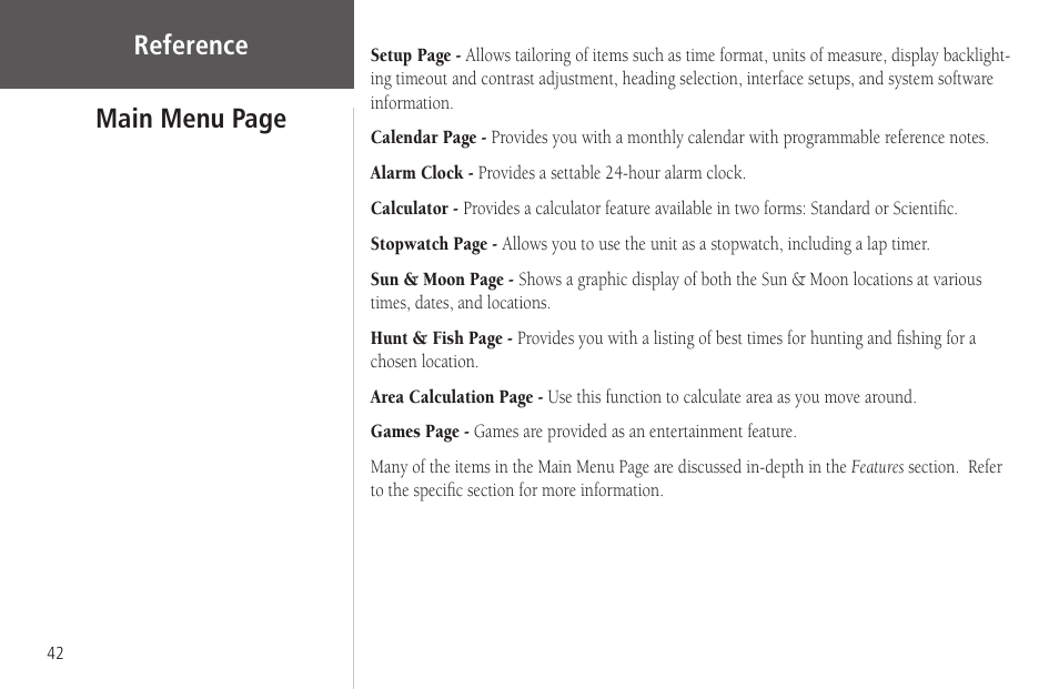 Reference, Main menu page | Garmin Rino 130 User Manual | Page 56 / 130