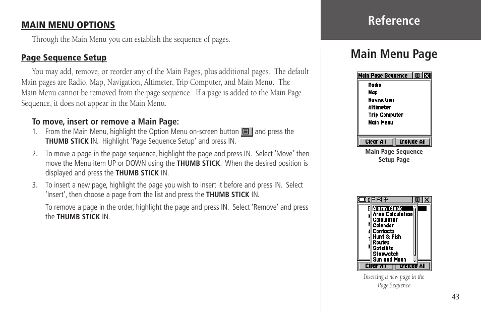 Main menu options, Reference main menu page | Garmin Rino 130 User Manual | Page 57 / 130