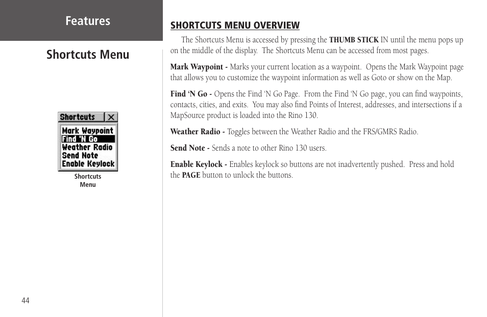 Features, Shortcuts menu, Shortcuts menu overview | Shortcuts menu shortcuts menu overview | Garmin Rino 130 User Manual | Page 58 / 130