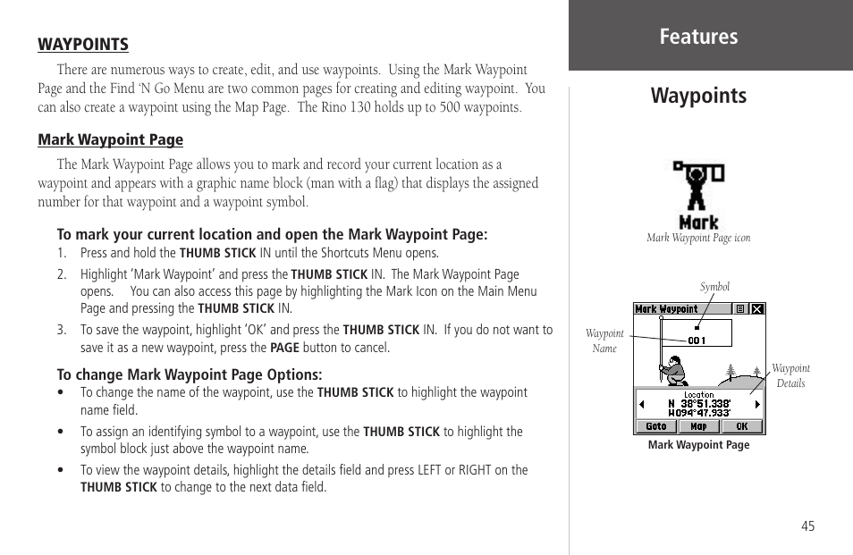 Waypoints, Waypoints waypoints, Features waypoints | Garmin Rino 130 User Manual | Page 59 / 130