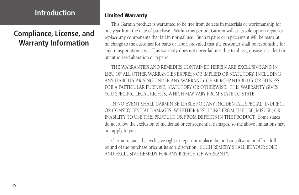 Limited warranty, Introduction, Compliance, license, and warranty information | Garmin Rino 130 User Manual | Page 6 / 130