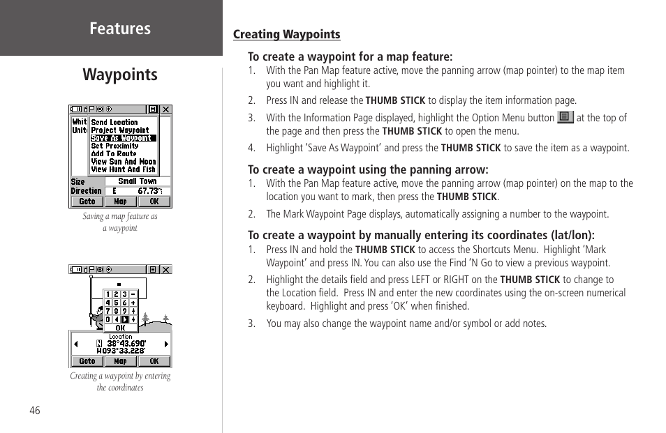 Creating waypoints, Features waypoints | Garmin Rino 130 User Manual | Page 60 / 130