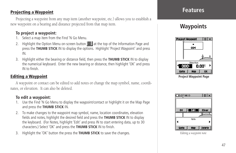 Projecting a waypoint, Editing a waypoint, Projecting a waypoint editing a waypoint | Features waypoints | Garmin Rino 130 User Manual | Page 61 / 130