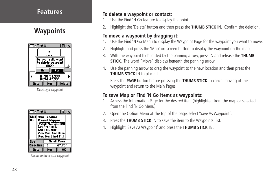 Features, Waypoints | Garmin Rino 130 User Manual | Page 62 / 130