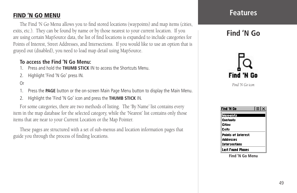 Find ‘n go, Find ‘n go menu, Find ‘n go find ‘n go menu | Features find ‘n go | Garmin Rino 130 User Manual | Page 63 / 130